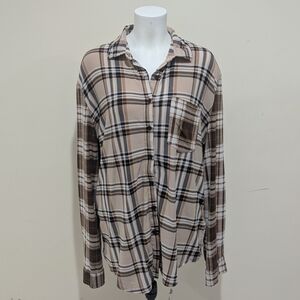 Plaid Button-Down Shirt - Beige and Brown
